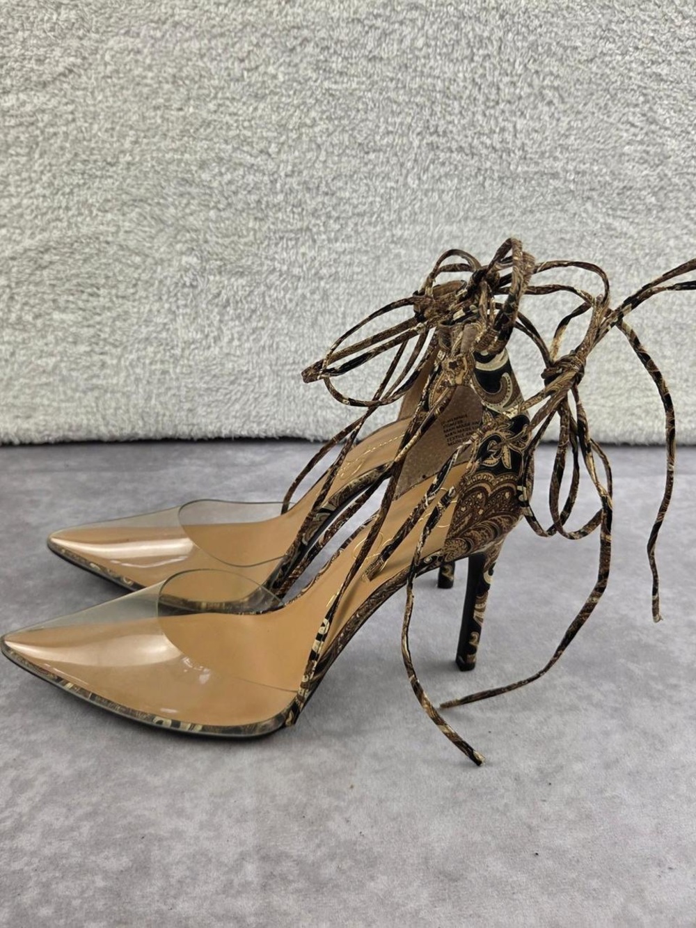 Jessica Simpson Brown Paisley Lace-Up Pointed Clear Toe Heels - Picture 2 of 3